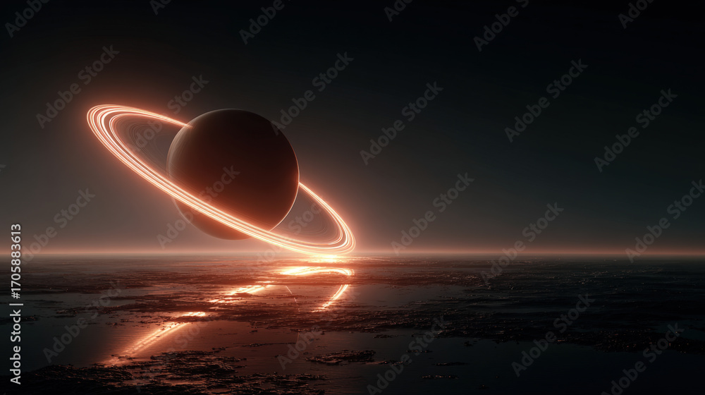 Poster minimal abstract planets with glowing rings in a futuristic space scene