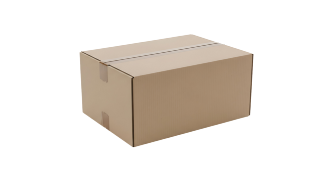 A light beige cardboard box with taped seams sits on a black background, simple and functional.