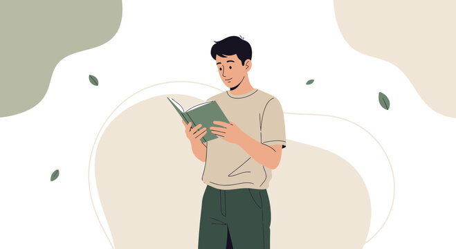 Young Man Enjoying Leisure Time Reading a Book Against an Abstract Background
