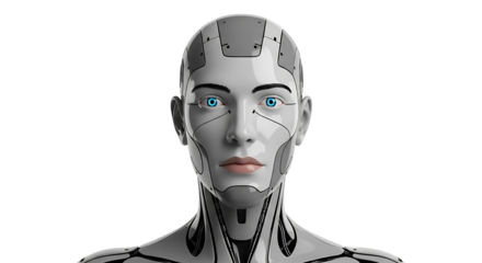 A detailed close-up view of a futuristic robotic female head, showcasing sophisticated mechanical features and intricate design elements against a stark black background.