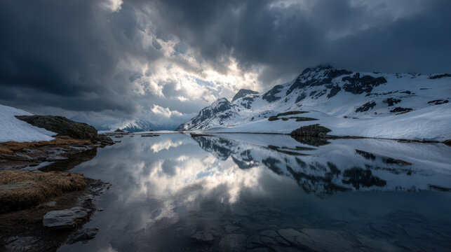 Dramatic storm clouds reflected in alpine lake with snow-covered mountains - Powered by Adobe