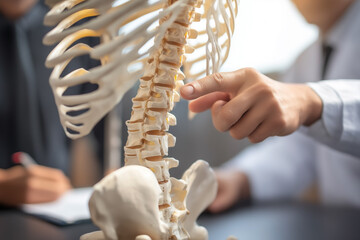 Doctor explaining spinal anatomy using a model, pointing to vertebrae, while another person takes notes during a consultation.