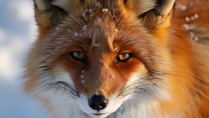 Naklejka premium Red Fox Portrait: Winter Fur, Intense Gaze, Snowflakes, Close-Up Wildlife Photography