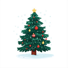 Festive Christmas tree adorned with colorful ornaments and a star atop, sitting on a bed of snow
