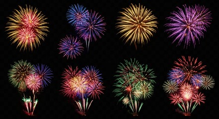Big Set of Various Fireworks with Brightly Shining Sparks Isolated for Colorful Pyrotechnics Show, Realistic Celebration, Night Sky Display, and Vector Illustration