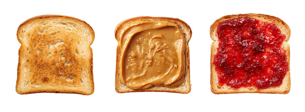 Types of toasts isolated on a transparent PNG / white background. Peanut butter, jam. Slice of white toasted bread. Toast. Fresh pastry. Bakery food. Top view.