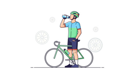 Fototapeta premium Cyclist Resting And Drinking Water After A Long Ride In Modern Flat Vector Illustration