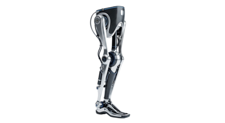 Advanced prosthetic leg, intricate and detailed design showcased against a stark black backdrop.