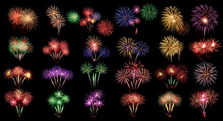 Big Set of Various Fireworks with Brightly Shining Sparks Isolated for Colorful Pyrotechnics Show, Realistic Celebration, Night Sky Display, and Vector Illustration
