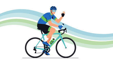 Fototapeta premium Cyclist Waving While Riding A Bicycle On A Sunny Day, Vector Illustration Style