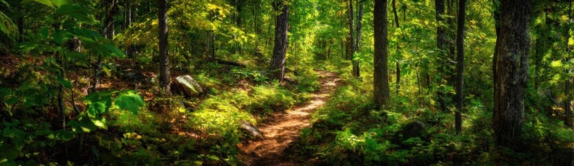 Fototapeta premium Forest pathway lined with trees and lush foliage, leading into the distance in soft focus with dappled sunlight filtering through the canopy