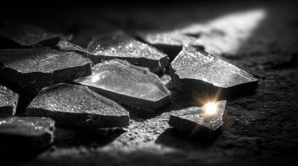 Abstract black and white broken glass shards with sharp light reflections