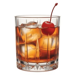 Classic old fashioned cocktail with ice cubes and a maraschino cherry garnish