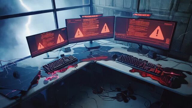A top-down cinematic angle programmer&rsquo;s desk covered in code filled monitors flickering red System Error alert. Coffee spills keyboard sparks tangled wires veins chaos. window thunderstorm rages 4k