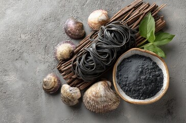 Overhead shot of black pasta, charcoal powder, shells, bamboo sticks, and basil leaves arranged on a gray textured surface for culinary art