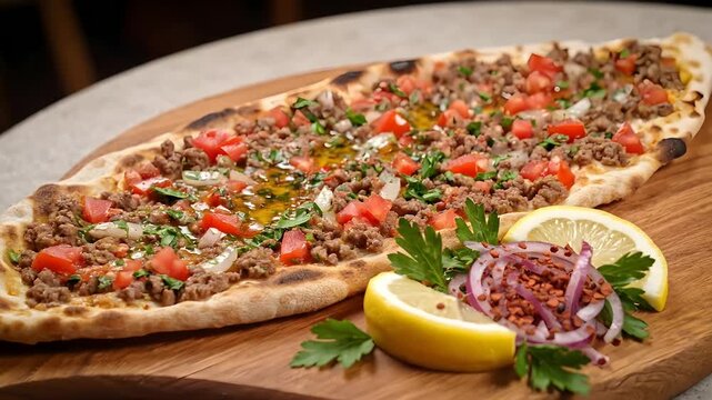Authentic Turkish Pide with seasoned minced meat, fresh tomatoes, and herbs served on a wooden platter
