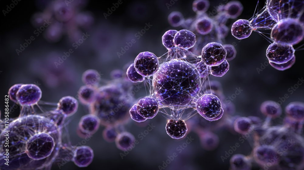 Poster glowing violet fractal network with interconnected geometric nodes in abstract style