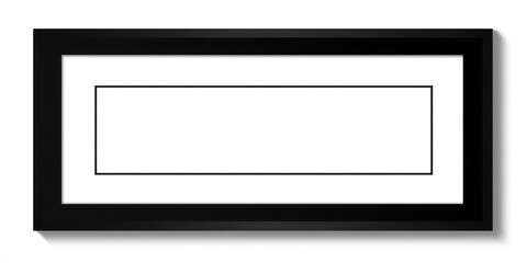A black picture frame with a white mat and an empty rectangular space is casting a soft shadow on a white surface creating a clean modern aesthetic