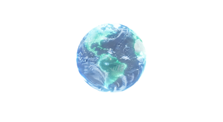 A detailed, stylized depiction of planet Earth, showcased against a stark black background.