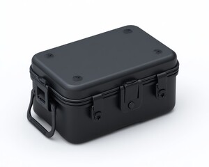 Dark gray container with a latch, handle, and bolted corners sitting on a white surface. Rendered isometric view with highlights
