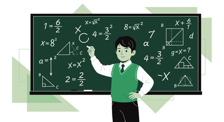 Young Student Demonstrating Math Equations on a Blackboard with Geometric Shapes
