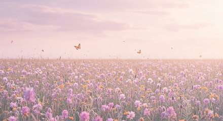 A dreamy field of beautiful pink flowers with butterflies, under a soft pastel sky creating a gentle and romantic spring landscape.