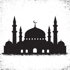 Islamic Mosque Silhouette Vector | Black and White Grunge Mosque Illustration Design