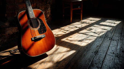 Acoustic guitar on wooden floor with dramatic shadows in minimal artistic style