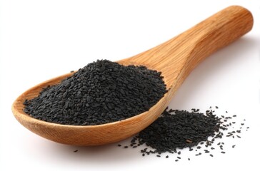 Black seeds heaped on a light wood spoon. Some seeds are spilling out beside it. Clean, minimal composition on a white background