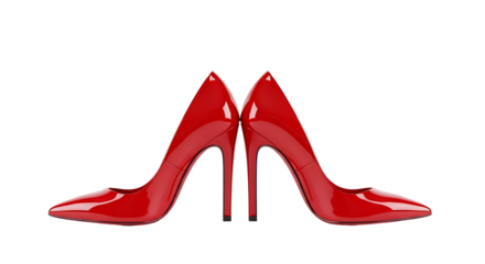 Two vibrant red high-heeled pumps are displayed against a striking black background, showcasing a glossy finish and elegant design.
