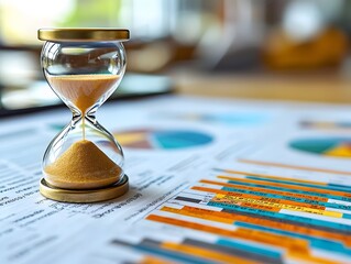 A glass hourglass sits on financial charts symbolizing time management and investment planning