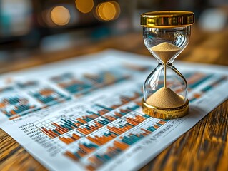 An hourglass rests on a financial chart representing the critical role of time in business and investment planning