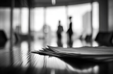 Blurred monochrome office interior with papers on table, chairs around, figures in the background with bright window light