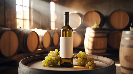 Bottle of white wine with grapes in a winery cellar with wooden barrels