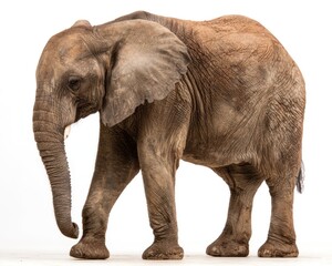 Obraz premium An isolated elephant strides left, showcasing its wrinkled skin, downward-pointing tusks, and floppy ears against a clean white backdrop