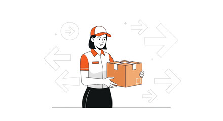 Delivery Woman Holding Package With Arrows Representing Worldwide Shipping and Fast Service