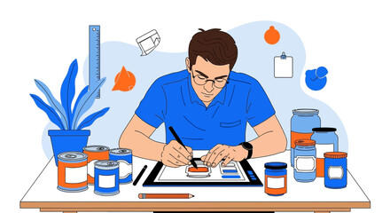 Designer Working On Illustration Of New Product, Illustrating Cans, Jars, And Creative Elements