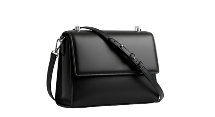 Sleek, black leather shoulder bag, angled view, showcasing smooth texture and minimalist design.