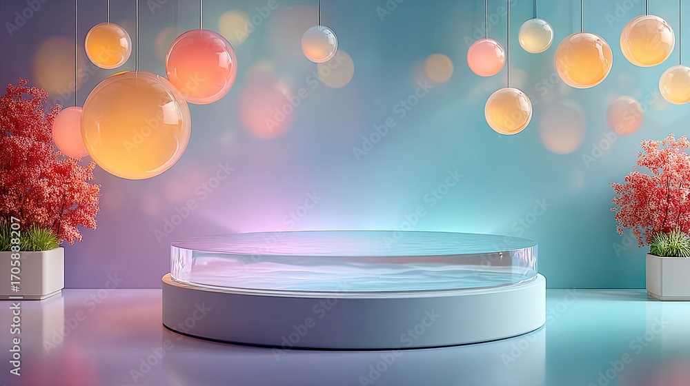 Poster a sleek circular stage with a soft radial gradient transitioning from midnight blue to violet, illum