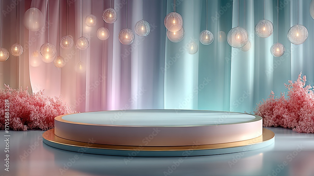 Poster a sleek circular stage with a soft radial gradient transitioning from midnight blue to violet, illum
