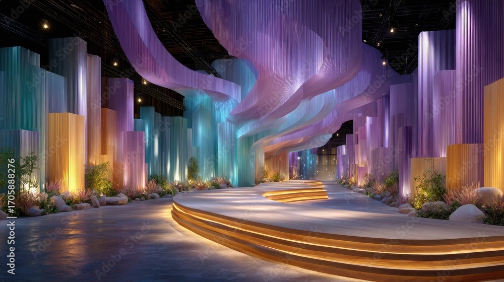 Poster architectural runway stage with elongated elliptical design featuring a muted mauve-to-silver radial