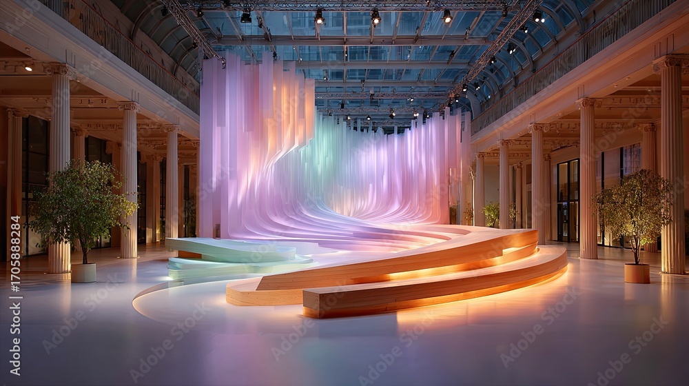 Poster architectural runway stage with elongated elliptical design featuring a muted mauve-to-silver radial