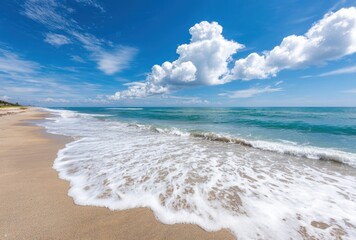 Sunny beach scene with clear turquoise water meeting the golden sand under a bright blue sky with fluffy white clouds