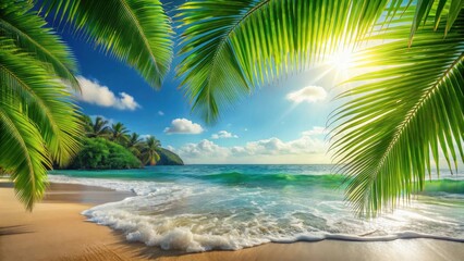 Obraz premium Serene Tropical Beach Scene Sunlit Shores, Palm Fronds Framing Azure Waters and Golden Sands
