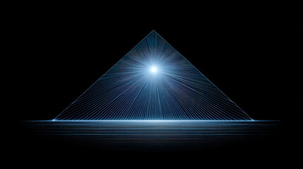 Glowing neon pyramid with radiant beams and futuristic geometric design