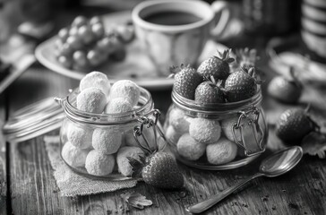 Black and white still life with glass jars of sweets, fresh strawberries, grapes, and a cup of coffee on a rustic wooden table
