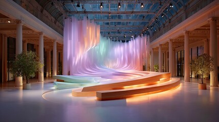 Obraz premium Architectural runway stage with elongated elliptical design featuring a muted mauve-to-silver radial gradient, flanked by parametric wall installations