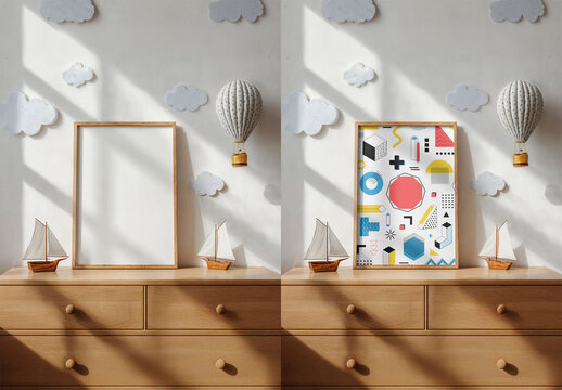 blank frame on a wooden dresser surrounded by decorative clouds and miniature sailboats. AI file