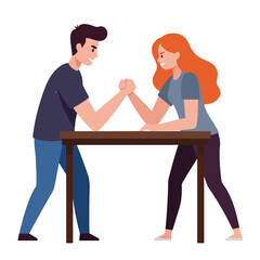 Obraz premium Vintage-style illustration of a man and woman engaged in a fierce arm-wrestling match over a brown table on a white background.