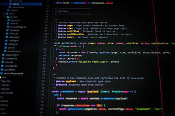 Close-up of TypeScript code on a dark theme IDE screen showing modern web development logic, async functions, and API calls. Perfect for tech, coding, or developer concepts.